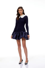 Navy Blue Satin Knit Mini Dress