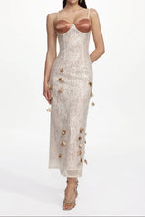 Champagne Embellished Sleeveless Sequin Lace Knit Maxi Dress