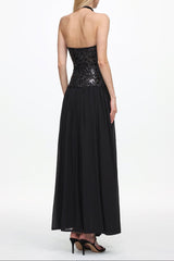 Halter Ruched Mesh Sequin Maxi Dress