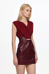 V Neck Ruched Faux Leather Mini Dress
