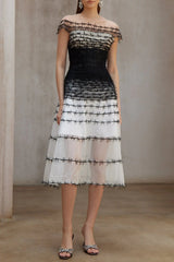 Off-Shoulder Lace Embroidery Hollow Maxi Dress in Black