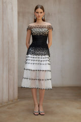Off-Shoulder Lace Embroidery Hollow Maxi Dress in Black