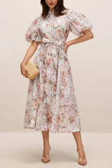 Floral Print Puff Sleeve Midi Dress