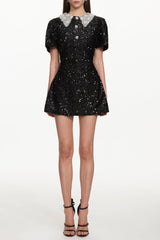Buttoned Contrast Collar Sequin Mini Dress in black