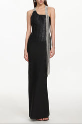 One Shoulder Metal Fringe Bandage Maxi Dress