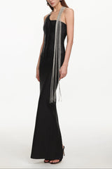 One Shoulder Metal Fringe Bandage Maxi Dress