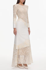 Beige Lace Embroidered Long Sleeve Maxi Dress