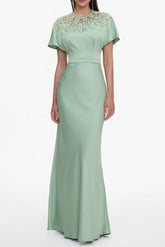 Short Sleeve Crystal Embellished Satin Maxi Dress