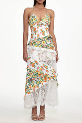 Flowy V Neck Floral Print Lace Woven Maxi Dress
