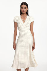 Cinched Waist V Neck Short Sleeve Lace Woven Maxi Dress