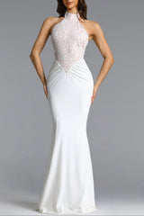 Fahrenheit White Halter Ruched Lace Maxi Dress