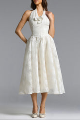 White Halter Floral Midi Dress