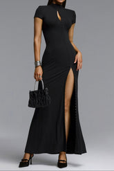 High Neck Rhinestone Trim Short Sleeve High Maxi Dress