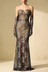 Blue Embroidered Lace Maxi Dress with Gloves