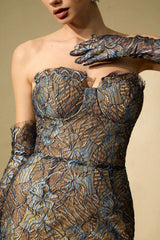 Blue Embroidered Lace Maxi Dress with Gloves