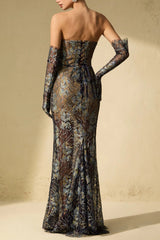 Blue Embroidered Lace Maxi Dress with Gloves