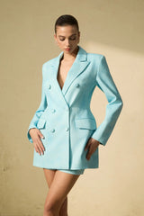 Blue Double-Breasted Blazer Mini Dress with Shorts