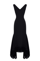 Sleeve V Neck Bodycon Fringe Hem Asymmetrical Black Dress