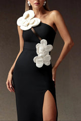 Black Sequin Flowers One Shoulder Bandage Maxi Dress