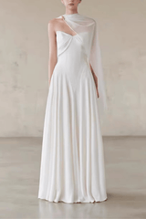One Shoulder Cape Flowy Formal White Dress