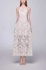 3D Floral Lace Sheer Midi White Dress
