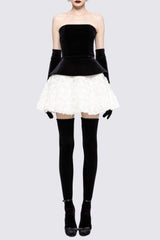 Petal-Layered Top Mini Skirt Suit Without Glove - Black/White