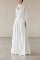 One Shoulder Cape Flowy Formal White Dress
