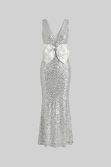 Sequin Maxi Dress With Satin Detail - Light Grey