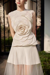 3D Rose Sleeveless Peplum Top Two Midi Skirt Matching Set