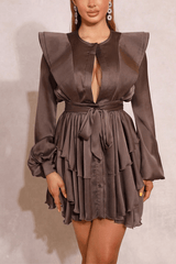 Brown Ruffle Sleeve Tie Waist Layered Dress