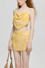 Yellow Tie Dye Cowl Halter Two-Piece Swimsuit