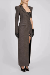 Gray Lace Detail Long Sleeve Maxi Dress