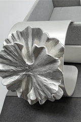 Silver 3D Floral Wide Open Cuff Bracelet