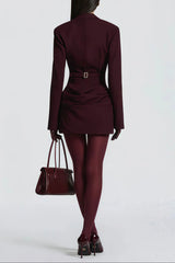 V-Neck Ruched Blazer Mini Dress in Wine Red