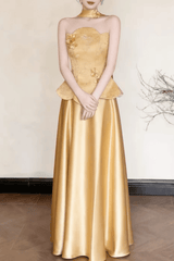 Gold Floral Satin Halter Maxi Dress