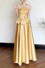 Gold Floral Satin Halter Maxi Dress