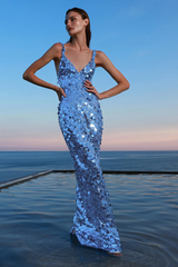 Blue Sequin V-Neck Strap Maxi Dress