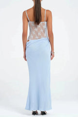Hollow Suspenders with Ruffles Maxi Dress in Blue
