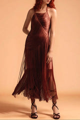 Halter Fringe Maxi Dress in Brown