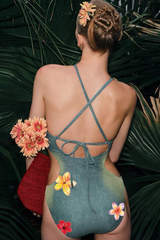 Green Floral Cutout Halter One Piece Swimsuit
