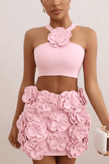 Pink Floral Embellished Crop Top Two Piece Dress