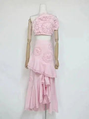 Ruffled Top Floral Embroidered Skirt Set - Pink