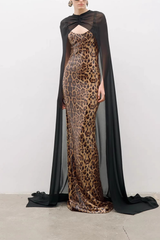 Print Sequin Gown with Black Sheer Cape