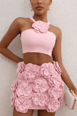 Pink Floral Embellished Crop Top Two Piece Dress
