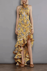 Yellow Floral Halter Neck Ruffle Maxi Dress