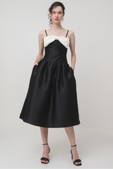 Bow-Detail Taffeta Midi Dress in Black