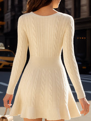Cozy Cable Knit Sweater Dress With V-Neck And Flare Hem