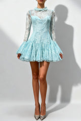 Blue Embroidered Mini Dress