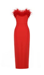 Stretch Feather Trimmed Gown in Red