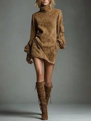 Sequin Turtleneck Mini Dress Made of Suede